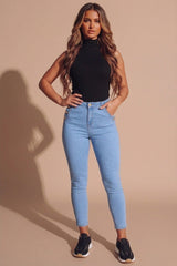 Light Blue Wash High Waisted Button Detail Skinny Jeans- Zenkina