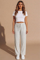 White Stripe Drawstring Wide Leg Trousers- Kilyan