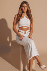 White Strappy Halter Neck Ring Detail Skirt Co-ord - Monika