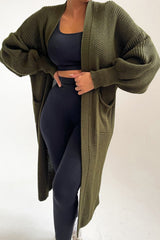 Khaki Knitted Long Sleeve Pocket Detail Ribbed Cardigan - Leanne