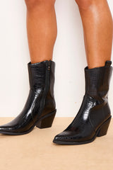 Black Patent Croc Pointed Toe Chunky Block Heel Ankle Boots - Dakota