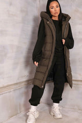 Khaki Sleeveless Longline Midi Zip Up Hooded Puffer Gilet - Terri
