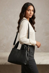 Black Textured Faux Leather Grab Bag With Shoulder Strap - Jimax