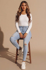 Light Blue Wash Distressed High Waisted Skinny Jeans - Bellyan