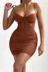 Chocolate Mesh Ruched Corset Strappy Bodycon Mini Dress - Penny