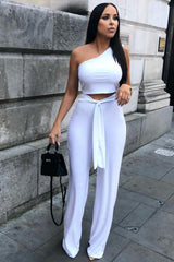 White Tie Front One Shoulder Jumpsuit - Heather