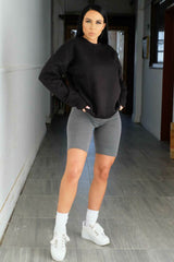Black Oversized Crew Neck Rib Cuff & Hem Long Sleeve Sweatshirt- Melanie