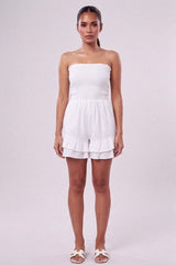White Shirred Bandeau Frill Hem Playsuit-Lureva