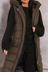 Khaki Sleeveless Longline Midi Zip Up Hooded Puffer Gilet - Terri