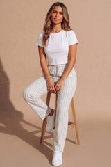White Stripe Drawstring Wide Leg Trousers- Kilyan