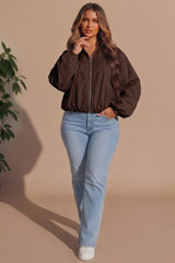 Chocolate Zip Front Windbreaker Balloon Sleeve Jacket -Tiarn