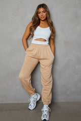 Tan Oversized High Waisted Shirred Drawstring Pocket Detail Cuffed Joggers - Samira