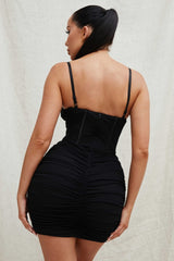 Black Mesh Ruched Corset Strappy Bodycon Mini Dress - Penny
