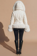 Ivory Faux Fur Trim Belted Coat - Clonax