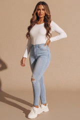 Light Blue Wash Distressed High Waisted Skinny Jeans - Bellyan