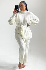 Cream High Neck Belted Knit Loungewear Set - Alliyah