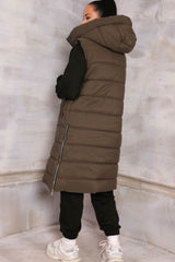 Khaki Sleeveless Longline Midi Zip Up Hooded Puffer Gilet - Terri