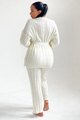 Cream High Neck Belted Knit Loungewear Set - Alliyah