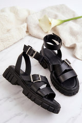 Black Chunky Buckle Strap Ankle Sandals - Sora