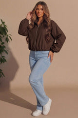 Chocolate Zip Front Windbreaker Balloon Sleeve Jacket -Tiarn