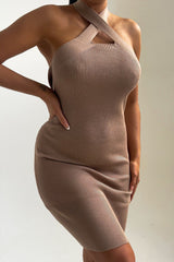 Stone Knitted Cut Out Crossover Halter Neck Bodycon Mini Dress - Elena