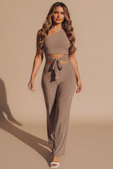 Mocha Tie Front Slinky Wide Leg One Shoulder Jumpsuit - Heather