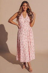 Pink Floral Halterneck Midaxi Skater Dress- Canal