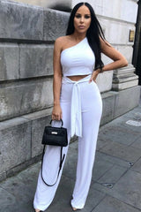 White Tie Front One Shoulder Jumpsuit - Heather