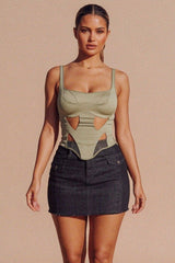 Khaki Fitted Corset Cup Structured Cut Out Crop Top - Albertine