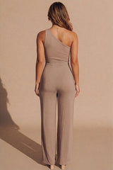 Mocha Tie Front Slinky Wide Leg One Shoulder Jumpsuit - Heather