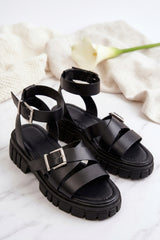 Black Chunky Buckle Strap Ankle Sandals - Sora