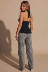 Black Ring Detail Halterneck Peplum Top - Haina