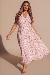 Pink Floral Halterneck Midaxi Skater Dress- Canal