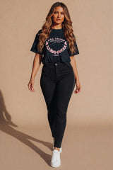 Black Satin with Lace Trim Midi Jeans- Celestra