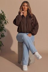 Chocolate Zip Front Windbreaker Balloon Sleeve Jacket -Tiarn