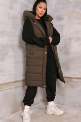 Khaki Sleeveless Longline Midi Zip Up Hooded Puffer Gilet - Terri