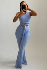 Light Blue Tie Front Slinky Wide Leg One Shoulder Jumpsuit - Heather