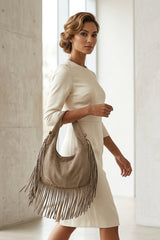 Taupe Faux Suede Fringe Shoulder Bag - Minba