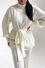 Cream High Neck Belted Knit Loungewear Set - Alliyah
