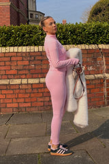 Pink Zip Up Long Sleeve Top with Leggings Activewear Set - Livia