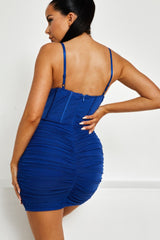 Royal Blue Mesh Ruched Corset Strappy Bodycon Mini Dress - Penny