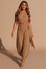 Camel Halterneck Wrap Crop Top & Jogger Co-Ord Set - Tehlan