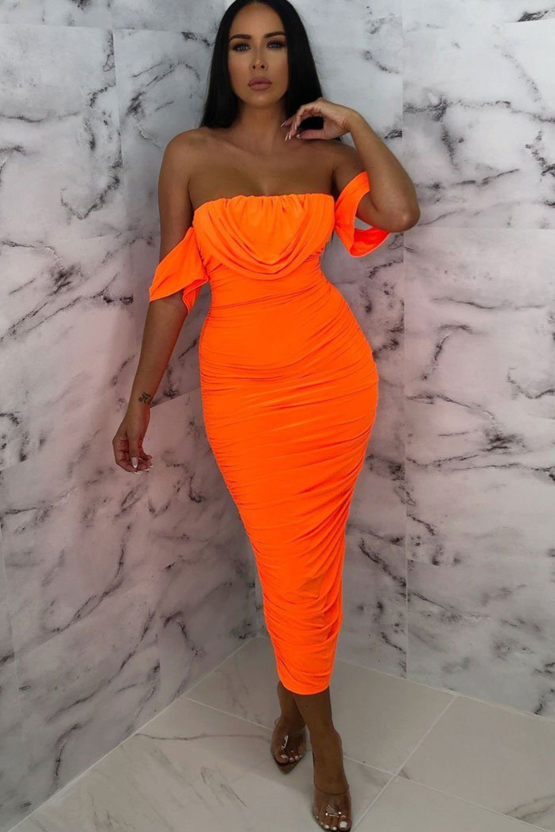 Neon Orange Bardot Cowl Neck Ruched Midi Dress - Malia Neon Orange Bardot Cowl Neck Ruched Midi Dress - Malia