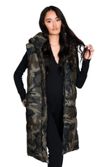 Camo Sleeveless Longline Midi Zip Up Hooded Puffer Gilet - Terri