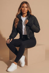 Black High Neck Padded Cropped Puffer Jacket - Cloin