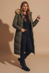Khaki Longline Faux Fur Trim Puffer Jacket - Kiera