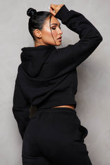 Black Long Sleeve Cropped Fleece Hoodie & Cuffed Joggers Loungewear Set - Layla