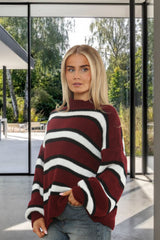 Wine And Black Striped Oversized Knitted Jumper - Aimee