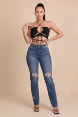 Washed Dark Blue High Waisted Distressed Slim Fit Jeans - Lowri