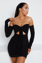 Black Slinky Ruched Bardot Long Sleeve Cut Out Tie Front Bodycon Mini Dress - Zion